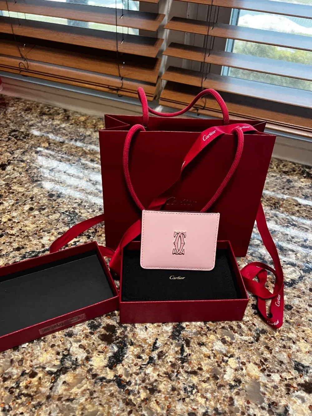 Authentic Cartier C de Cartier Pink Leather Card Holder Wallet w/ Box, Dust Bag